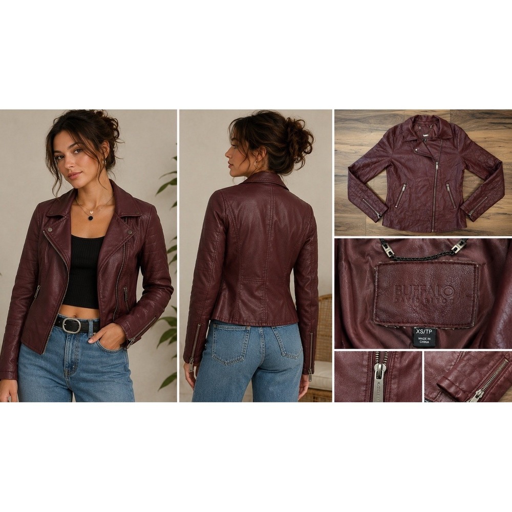 Buffalo David Bitton Burgundy Faux Leather Moto Jacket Women's XS Asymmetrical